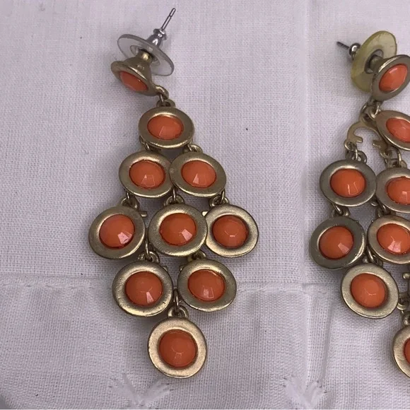 Chandelier Earrings Gold Tone Orange Faceted Flat Bead Boho Bohemian - Picture 5 of 7